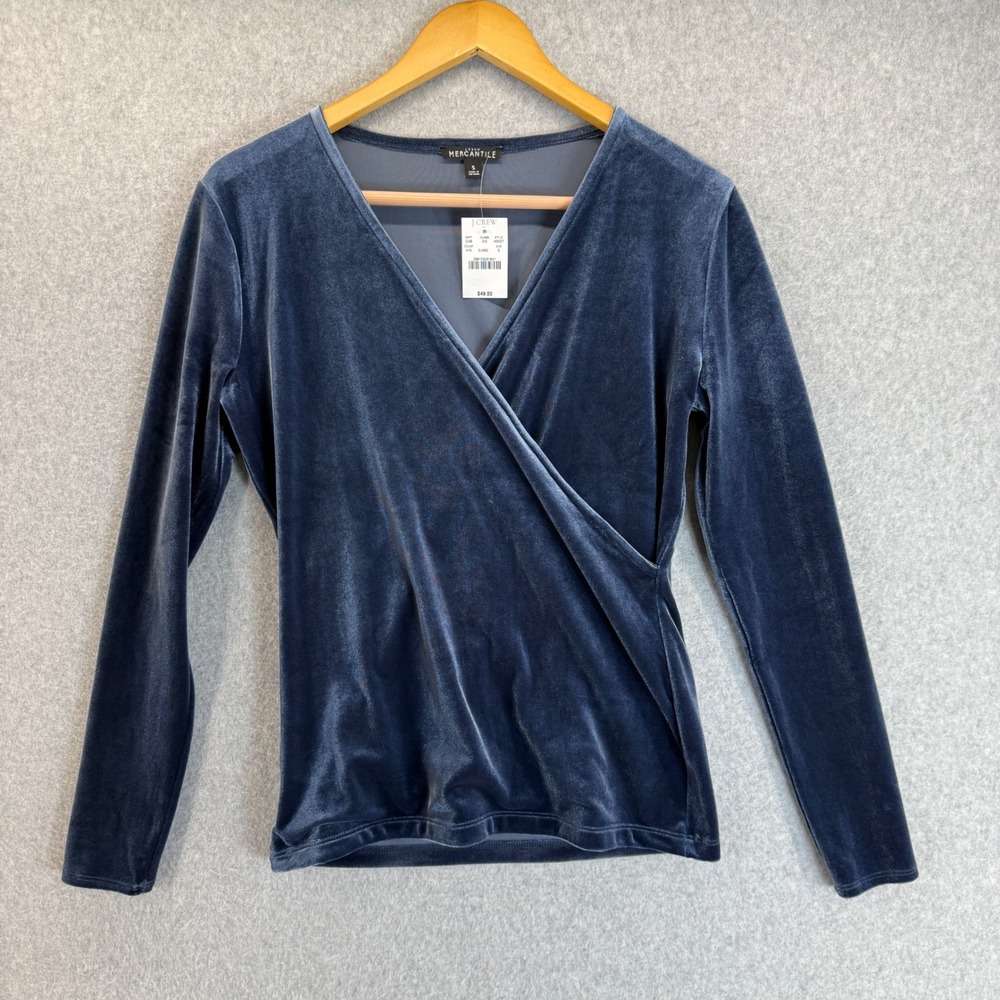 J.Crew Mercantile Velvet Wrap‎ Top Blouse Long Sleeve Blue Womens Size Small NWT